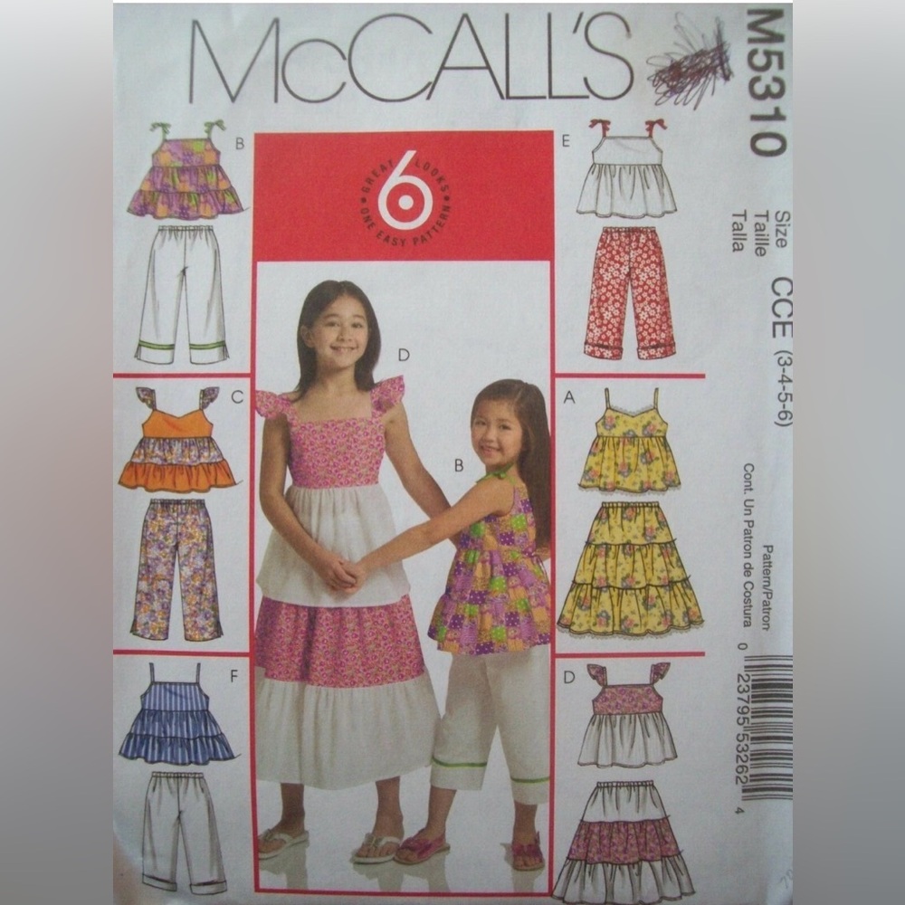 McCalls Pattern M5310 
EASY SEW 
Girls Skirt, Top, Capris Sizes 3-6 UNCUT NEW